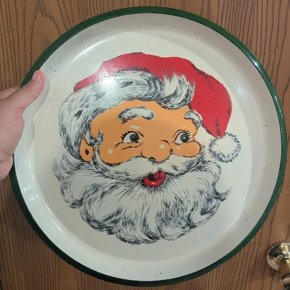 Vintage 1960s Santa Claus Serving Tray Round Christmas Retro Holiday Decor Japan